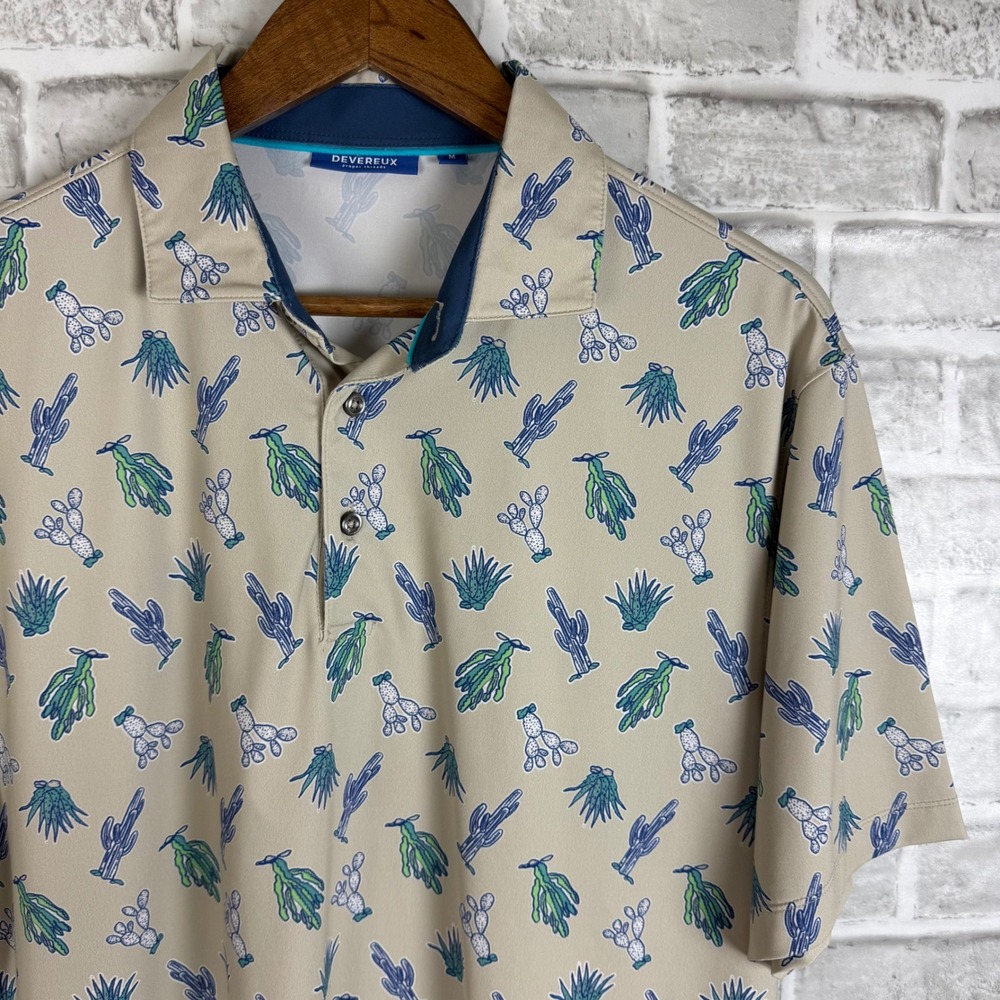 Devereux Men Golf Polo Shirt Medium Tan Cactus Desert Print Short Sleeve Stretch